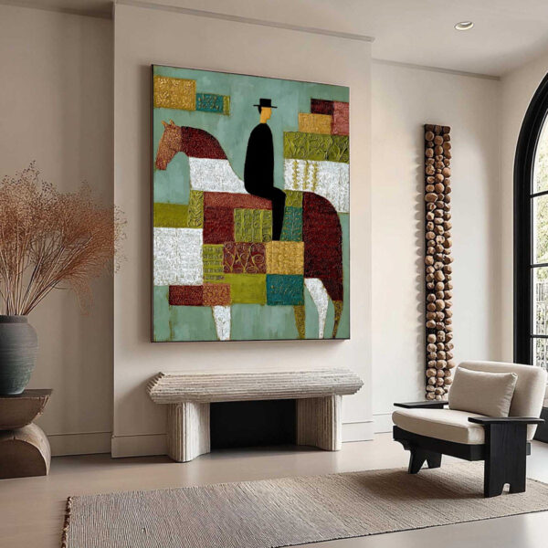 THE PATCHWORK RIDER: Textured Figurative Painting of a Man on a Horse