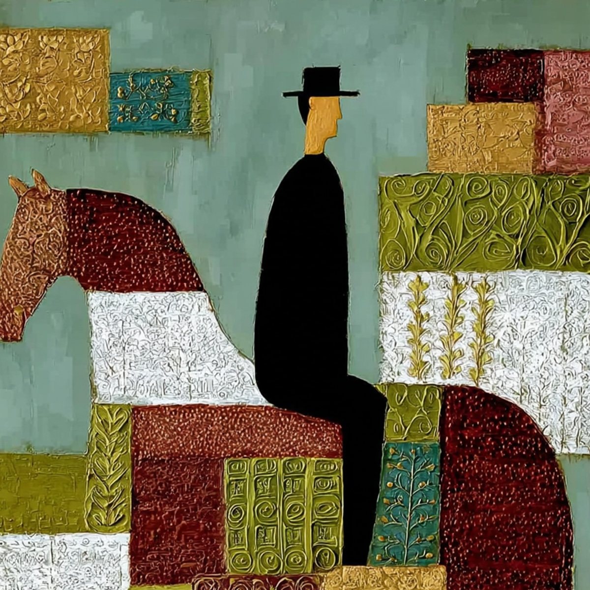 THE PATCHWORK RIDER: Textured Figurative Painting of a Man on a Horse - Image 3