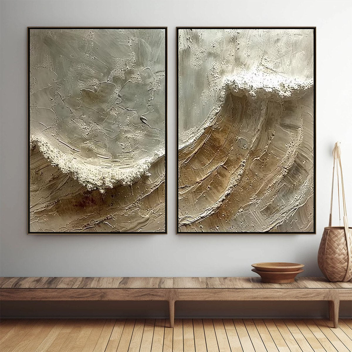 TIDAL WHISPER: Textured Wabi Sabi Coastal Diptych Oil Painting - Image 2