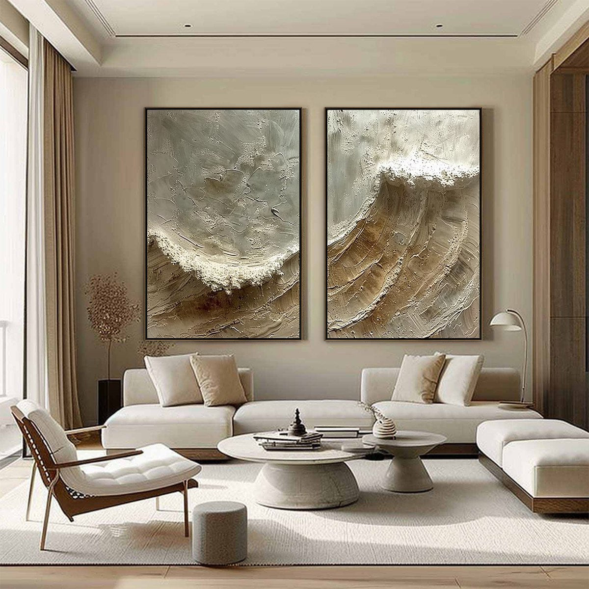 TIDAL WHISPER: Textured Wabi Sabi Coastal Diptych Oil Painting - Image 4