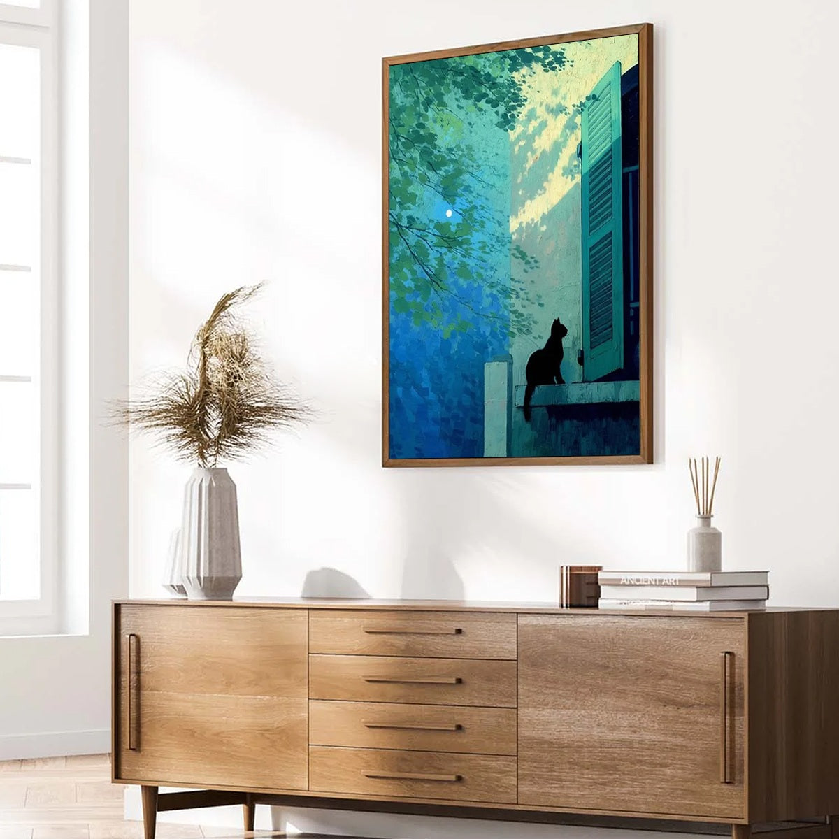 TWILIGHT PERCH: Minimalist Night Window Cat Oil Painting - Image 7