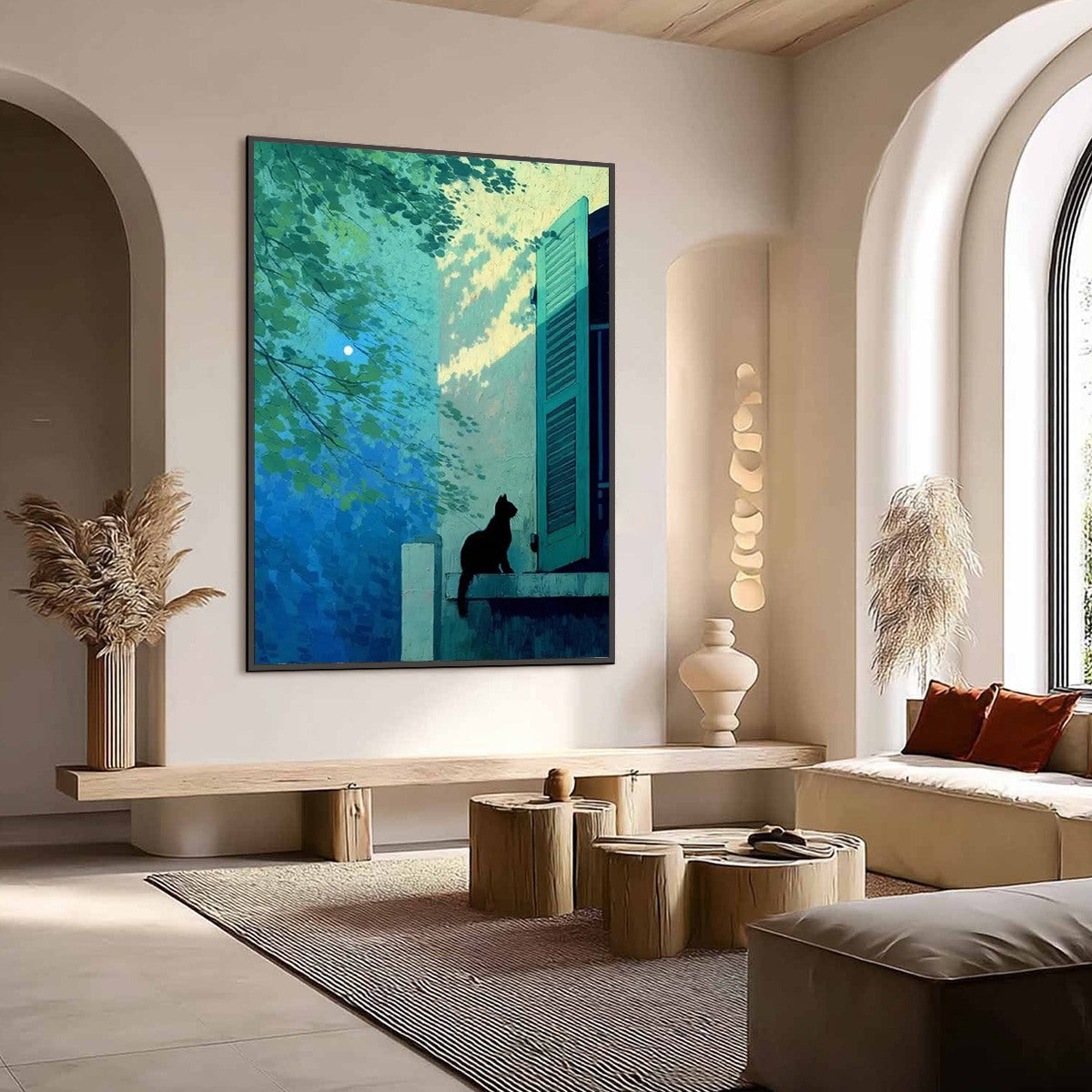 TWILIGHT PERCH: Minimalist Night Window Cat Oil Painting - Image 6