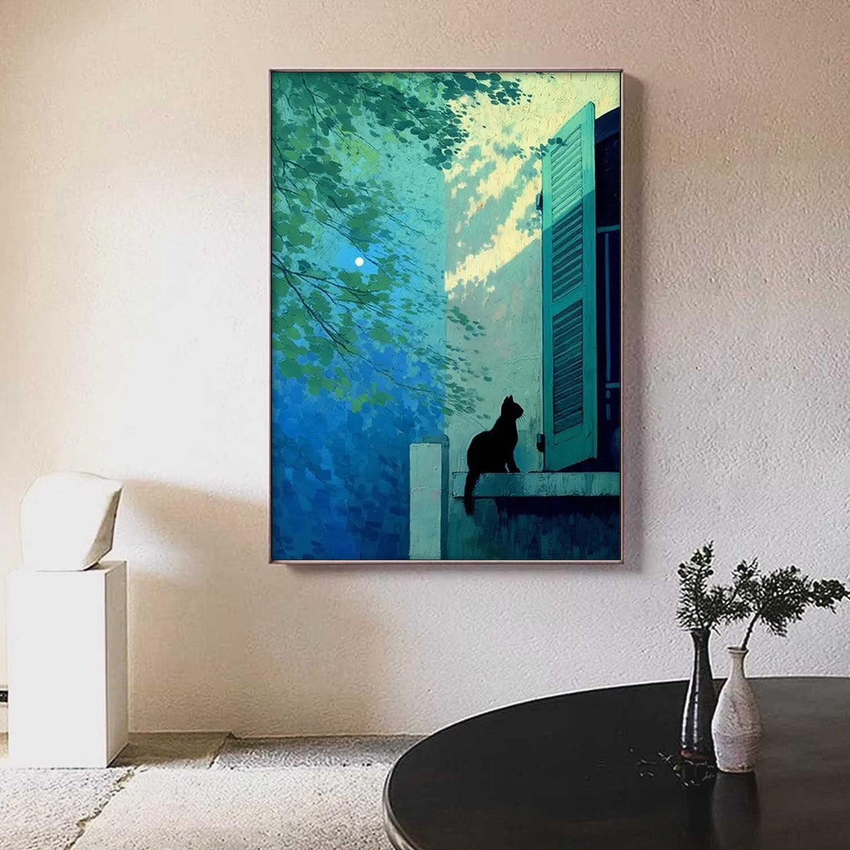 TWILIGHT PERCH: Minimalist Night Window Cat Oil Painting - Image 4