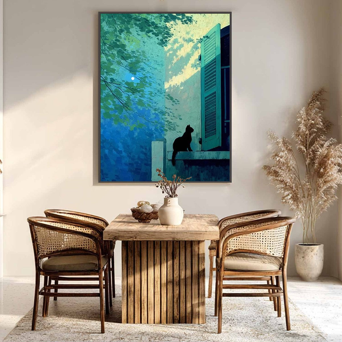 TWILIGHT PERCH: Minimalist Night Window Cat Oil Painting - Image 2