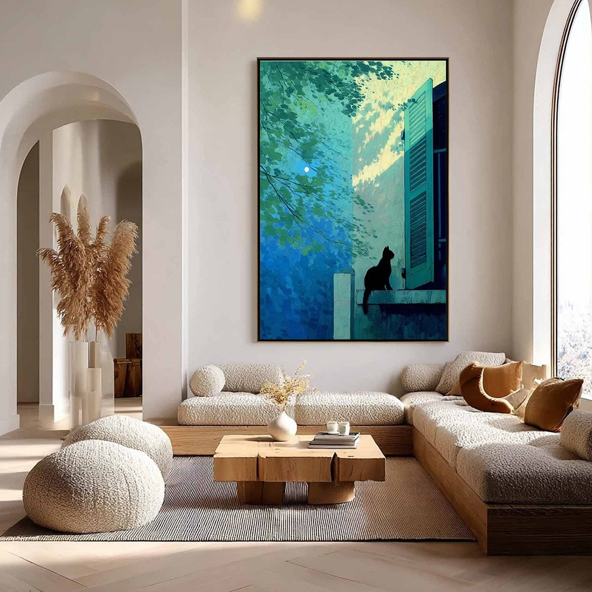 TWILIGHT PERCH: Minimalist Night Window Cat Oil Painting - Image 8