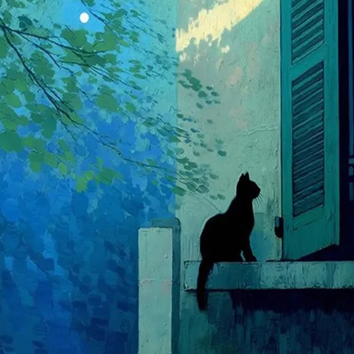 TWILIGHT PERCH: Minimalist Night Window Cat Oil Painting - Image 3