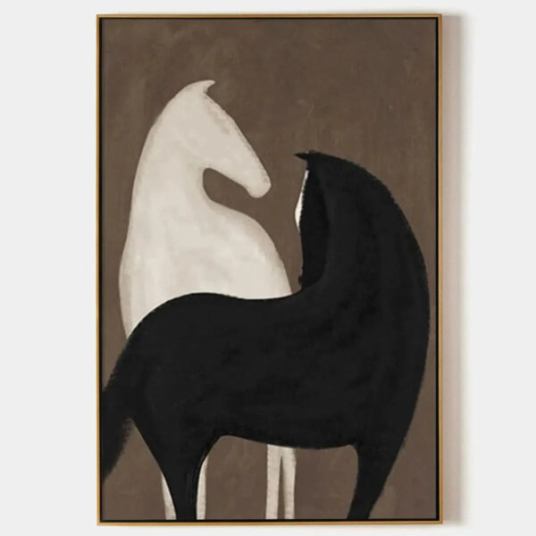TWO HORSES ON BROWN: Minimalist Horse Painting, Vertical Wall Art