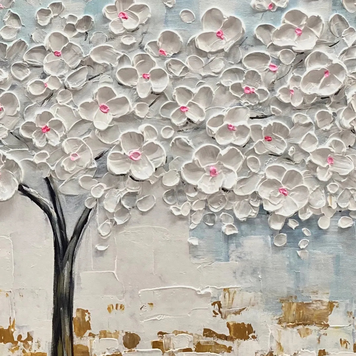 BLOSSOM DREAM: Textured Blossom Tree Painting in White and Gold - Image 5