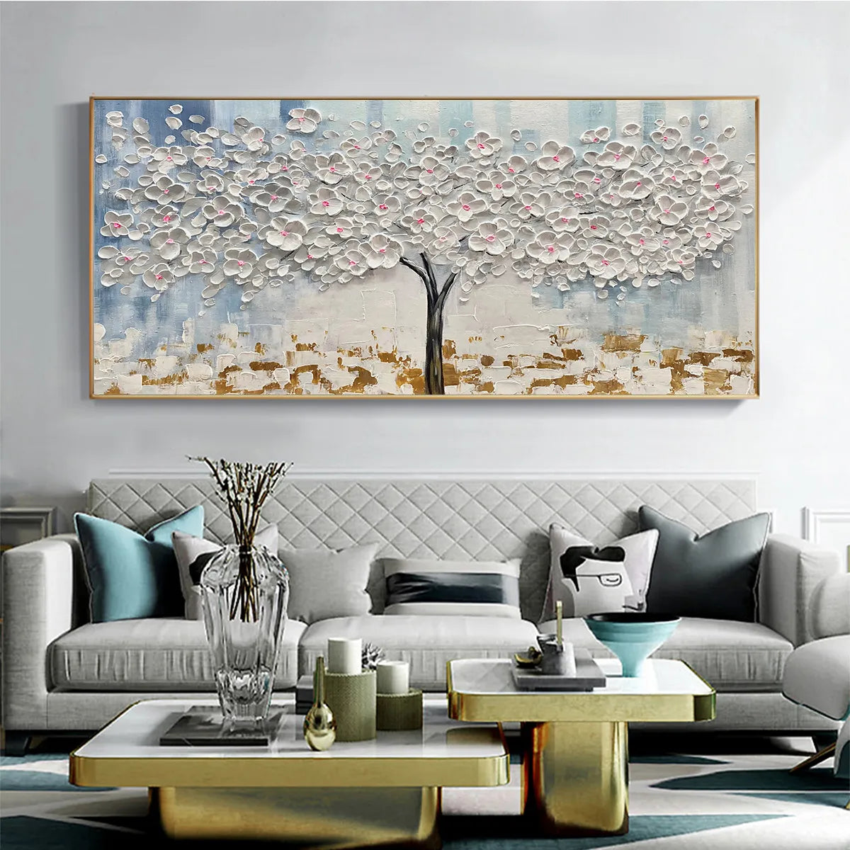BLOSSOM DREAM: Textured Blossom Tree Painting in White and Gold - Image 2