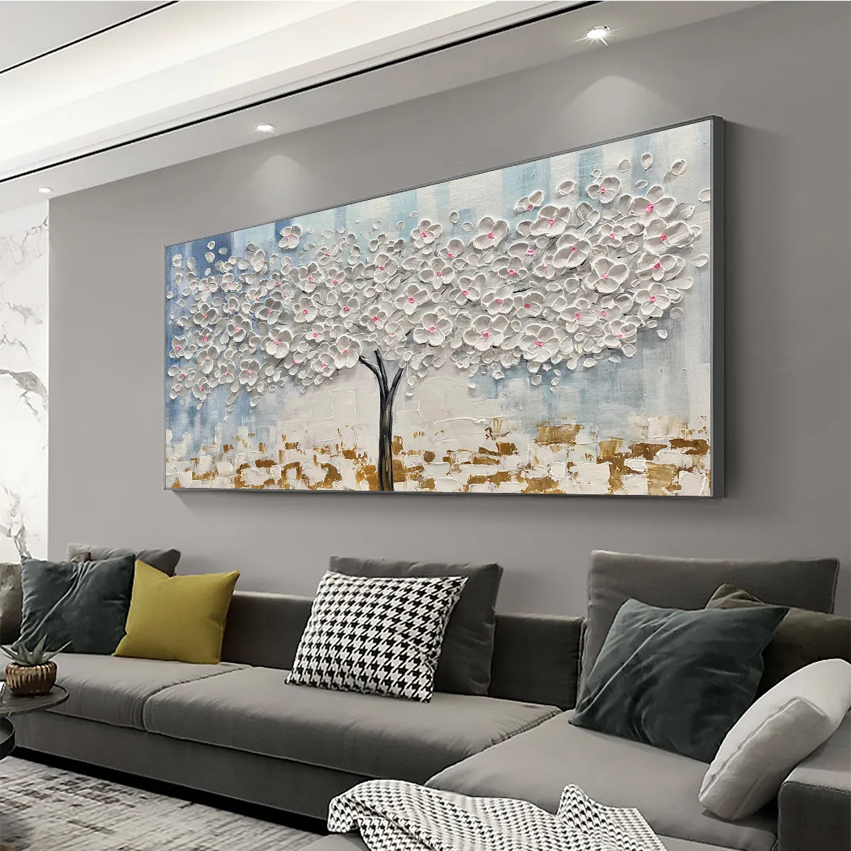 BLOSSOM DREAM: Textured Blossom Tree Painting in White and Gold - Image 4