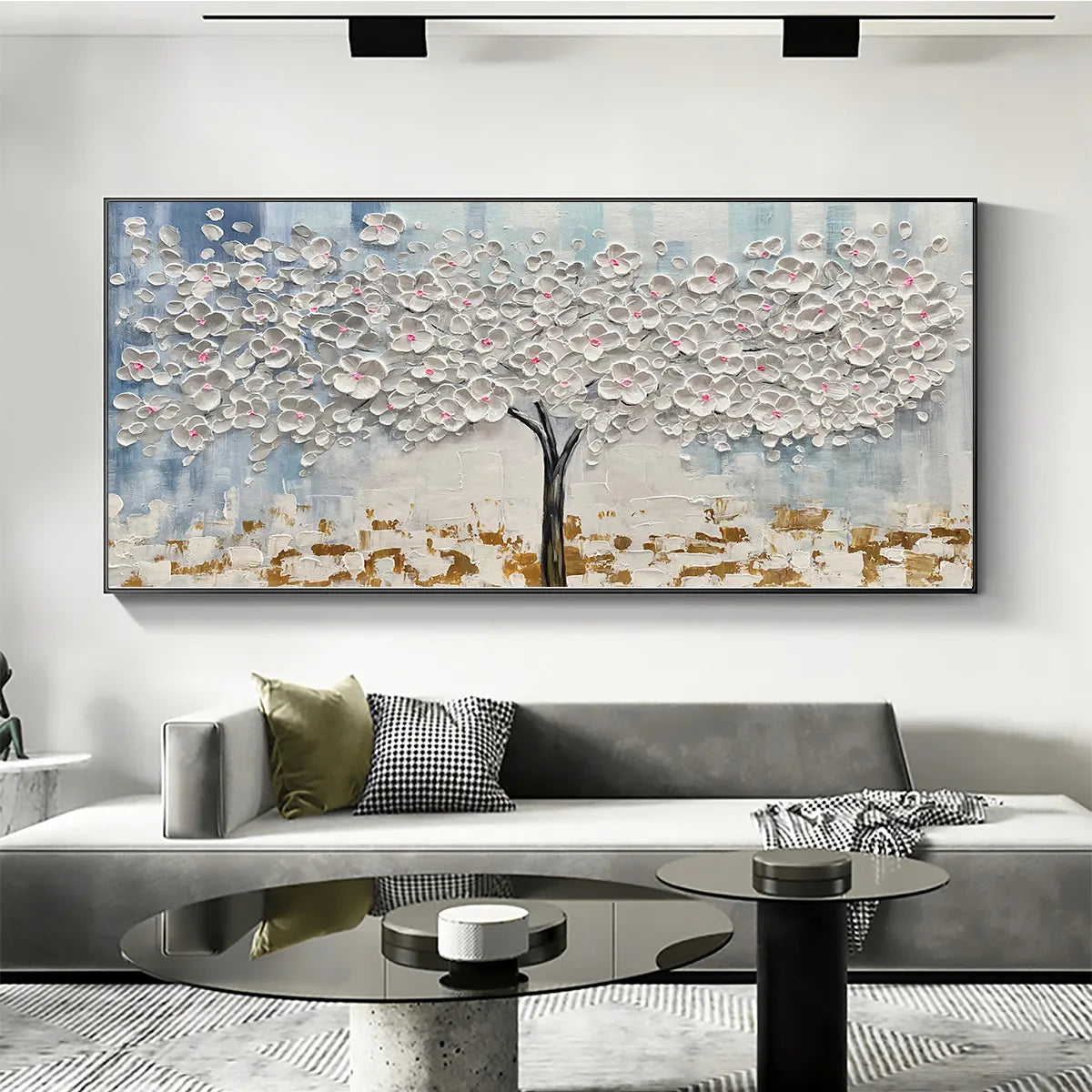 BLOSSOM DREAM: Textured Blossom Tree Painting in White and Gold - Image 6