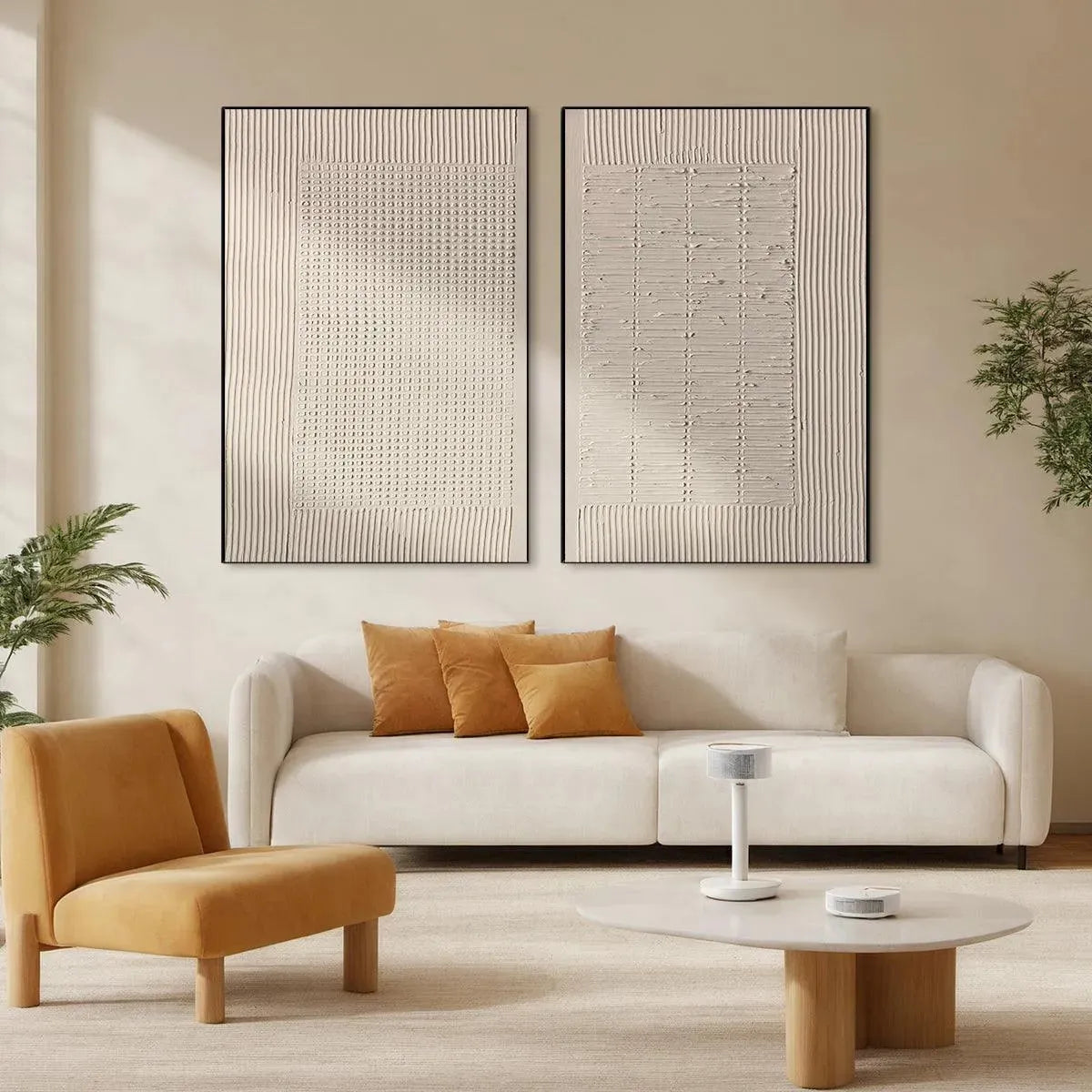 TEXTURED GRID DUO: Set of 2 Textured Abstract Paintings in Beige - Image 2