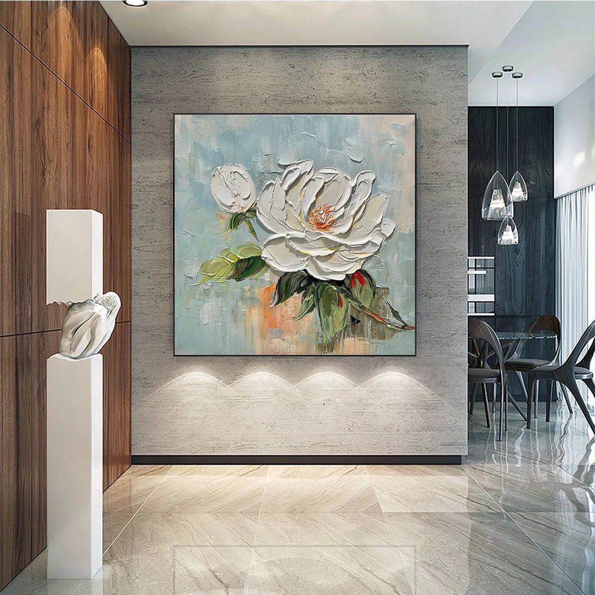 BLOSSOM'S GRACE: Textured Impasto Magnolia Painting on Square Canvas - Image 2