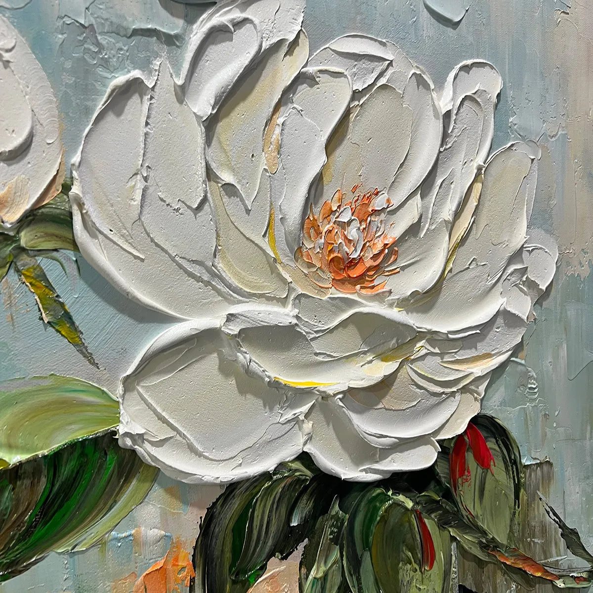 BLOSSOM'S GRACE: Textured Impasto Magnolia Painting on Square Canvas - Image 3