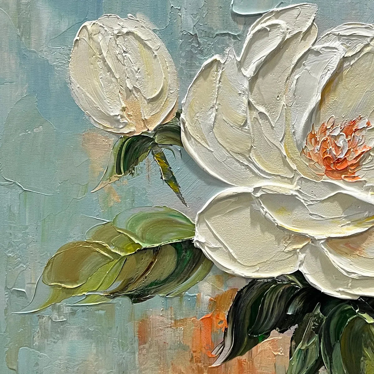 BLOSSOM'S GRACE: Textured Impasto Magnolia Painting on Square Canvas - Image 6