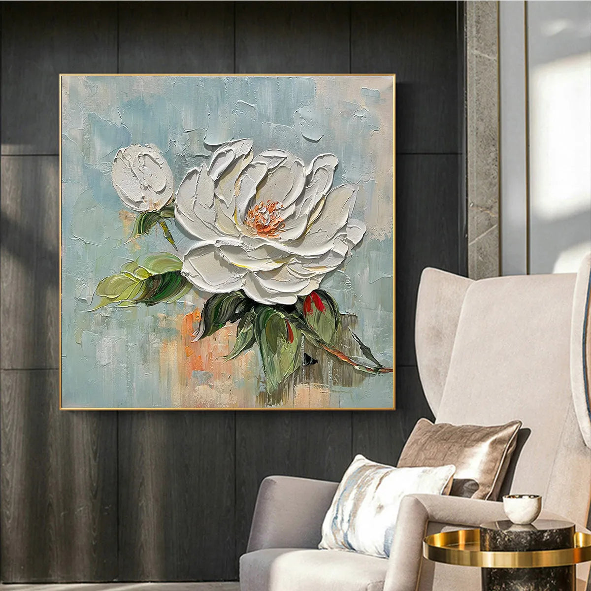 BLOSSOM'S GRACE: Textured Impasto Magnolia Painting on Square Canvas - Image 5