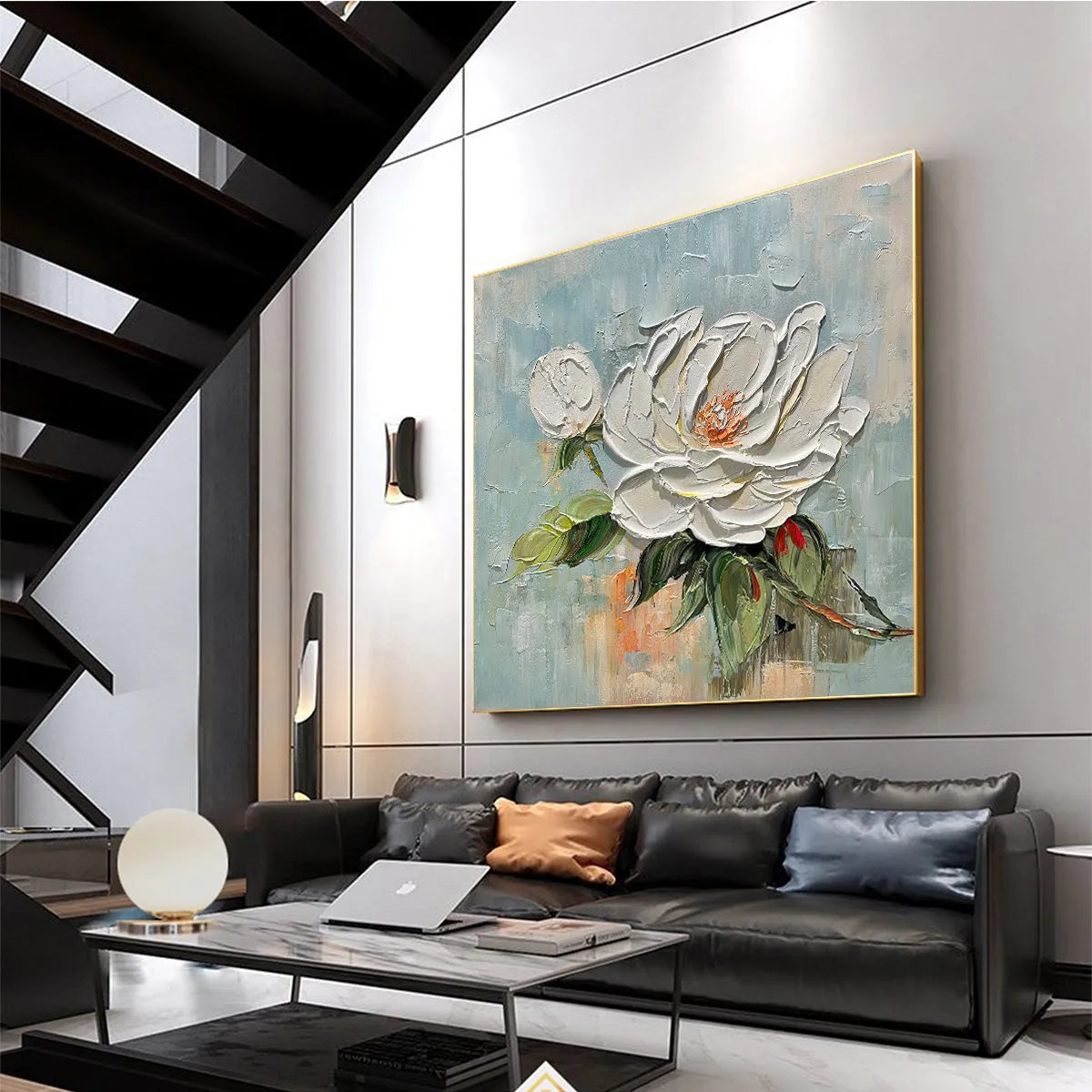 BLOSSOM'S GRACE: Textured Impasto Magnolia Painting on Square Canvas - Image 7