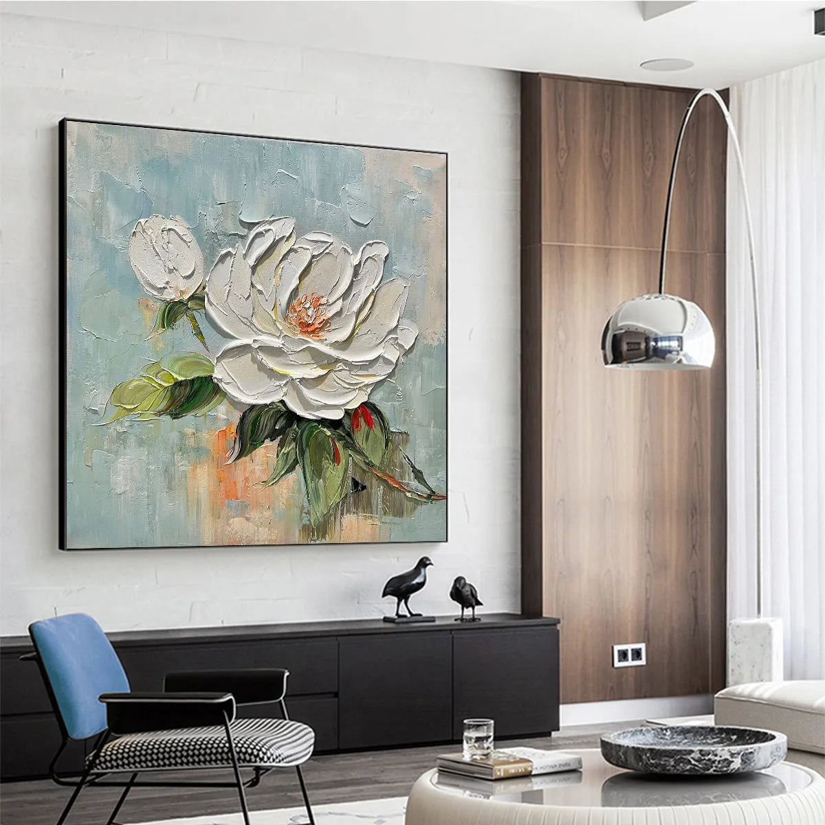 BLOSSOM'S GRACE: Textured Impasto Magnolia Painting on Square Canvas - Image 8