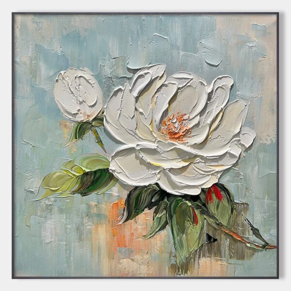 BLOSSOM'S GRACE: Textured Impasto Magnolia Painting on Square Canvas