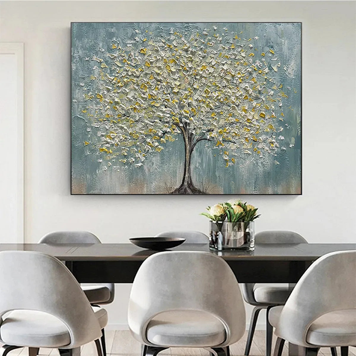 GOLDEN BLOOM: Textured Impasto Tree Painting in White and Gold - Image 6