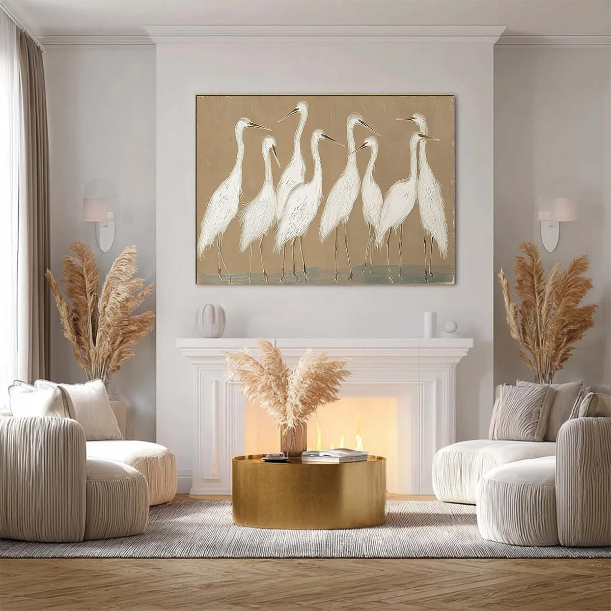 The Gathering: Beige Wabi Sabi Egret Flock Oil Painting on Canvas - Image 2
