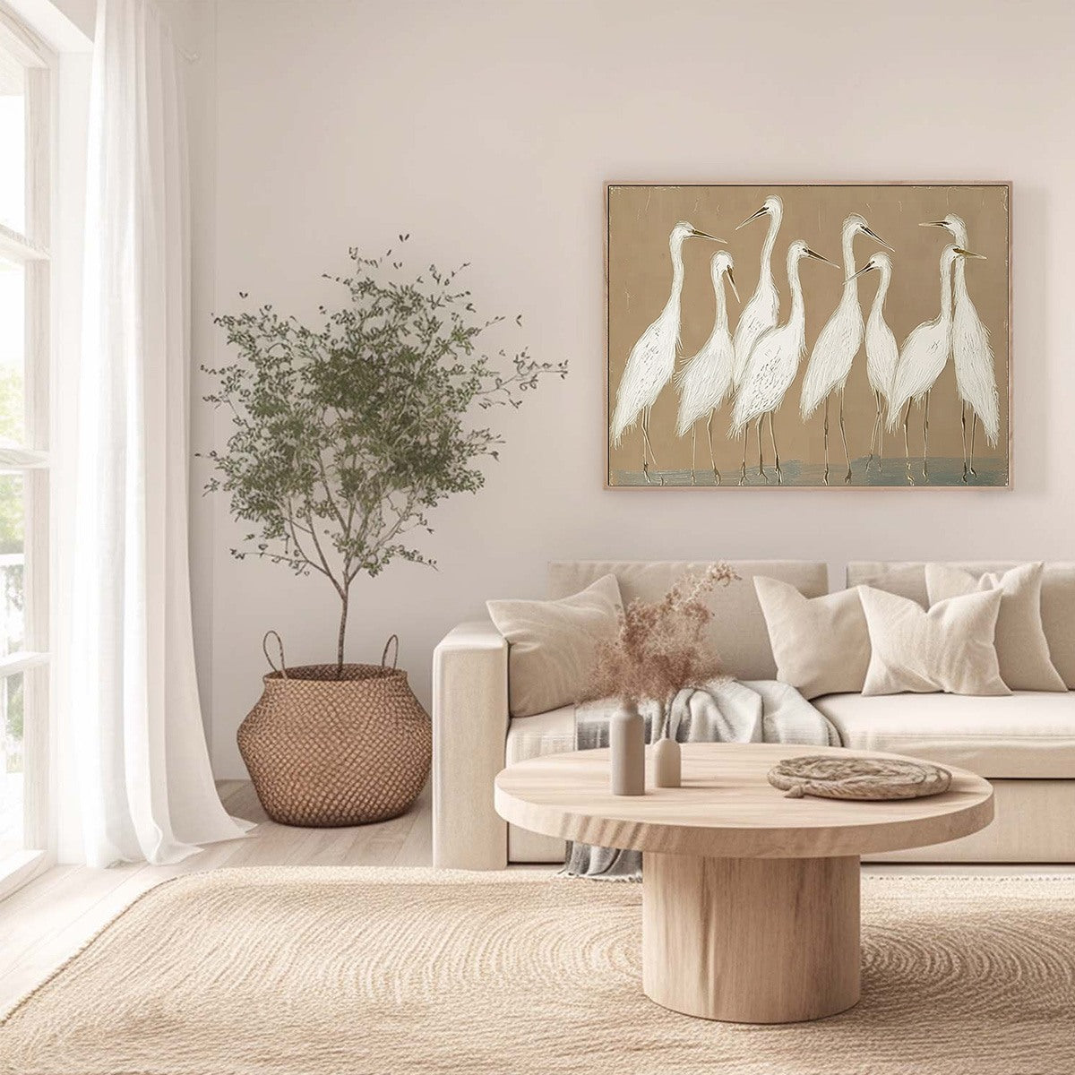 The Gathering: Beige Wabi Sabi Egret Flock Oil Painting on Canvas - Image 4