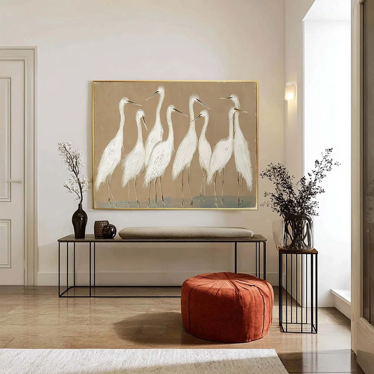 The Gathering: Beige Wabi Sabi Egret Flock Oil Painting on Canvas - Image 6