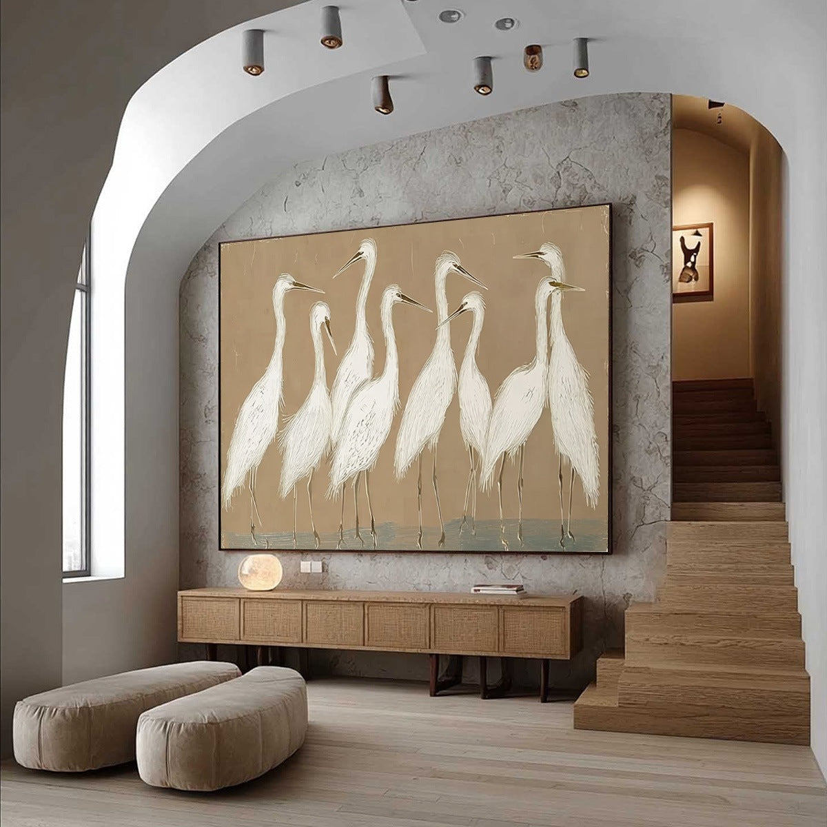 The Gathering: Beige Wabi Sabi Egret Flock Oil Painting on Canvas - Image 7
