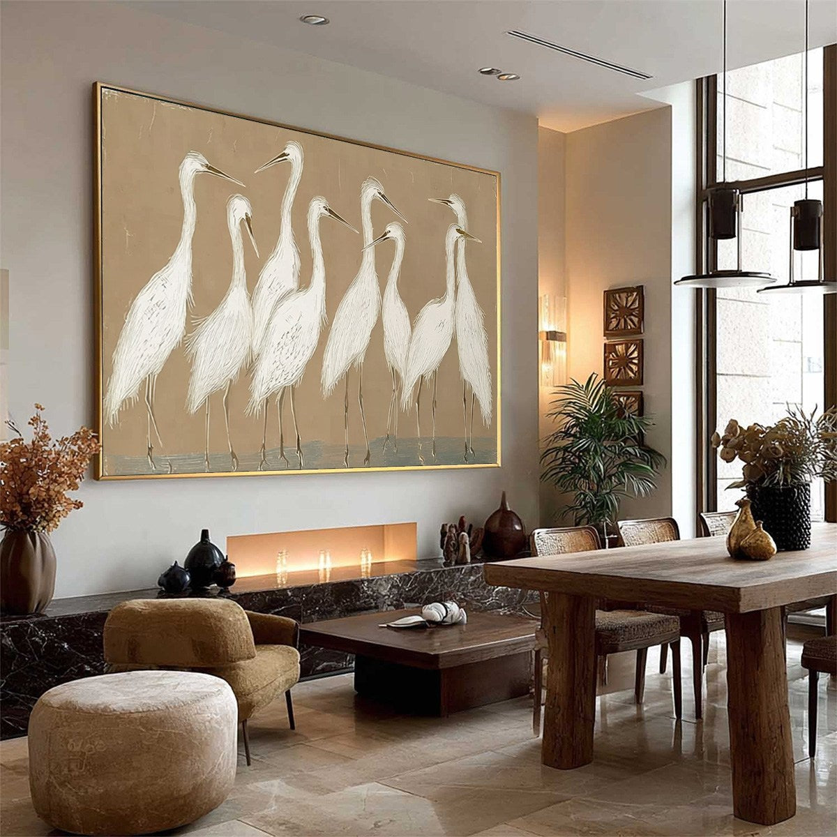 The Gathering: Beige Wabi Sabi Egret Flock Oil Painting on Canvas - Image 8
