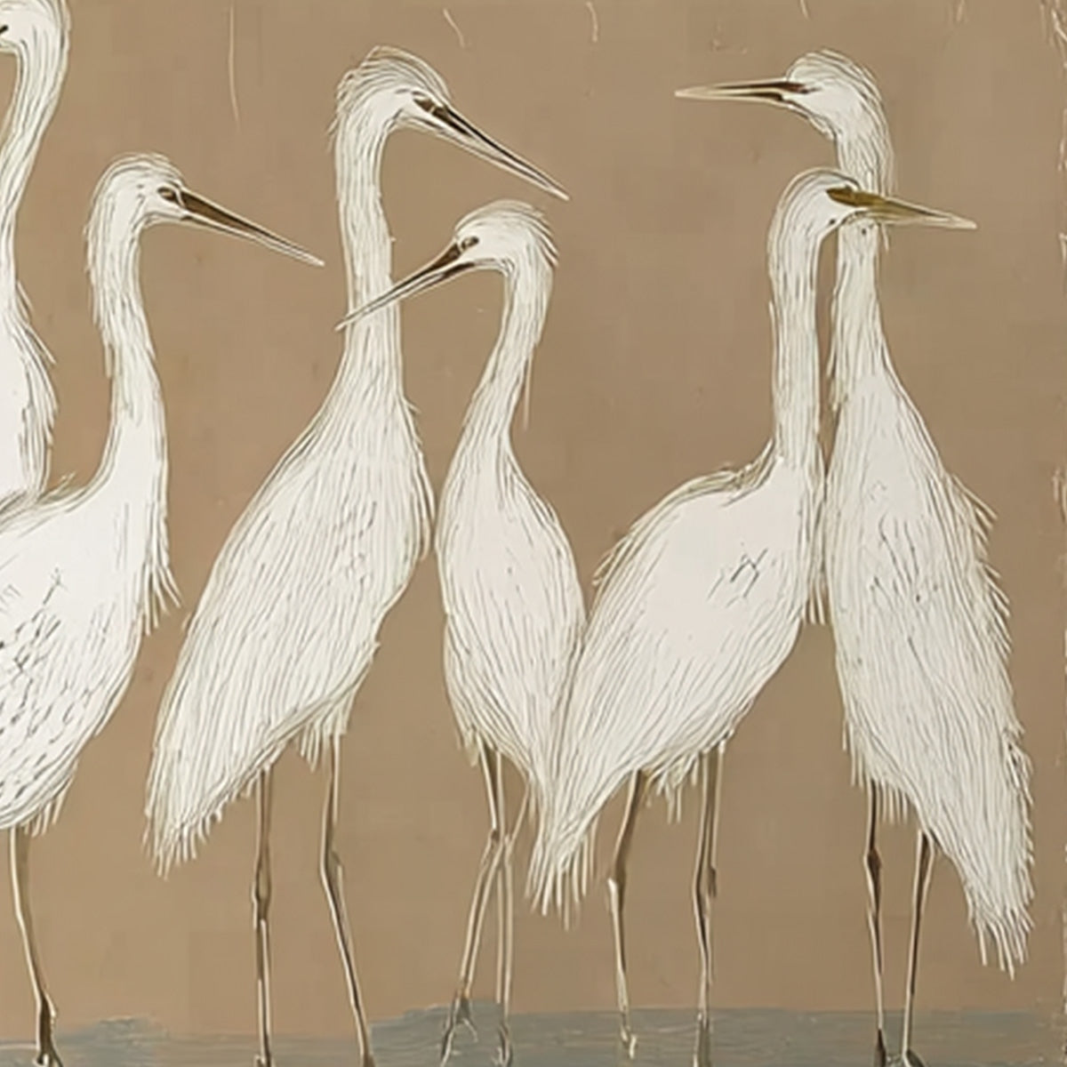 The Gathering: Beige Wabi Sabi Egret Flock Oil Painting on Canvas - Image 3