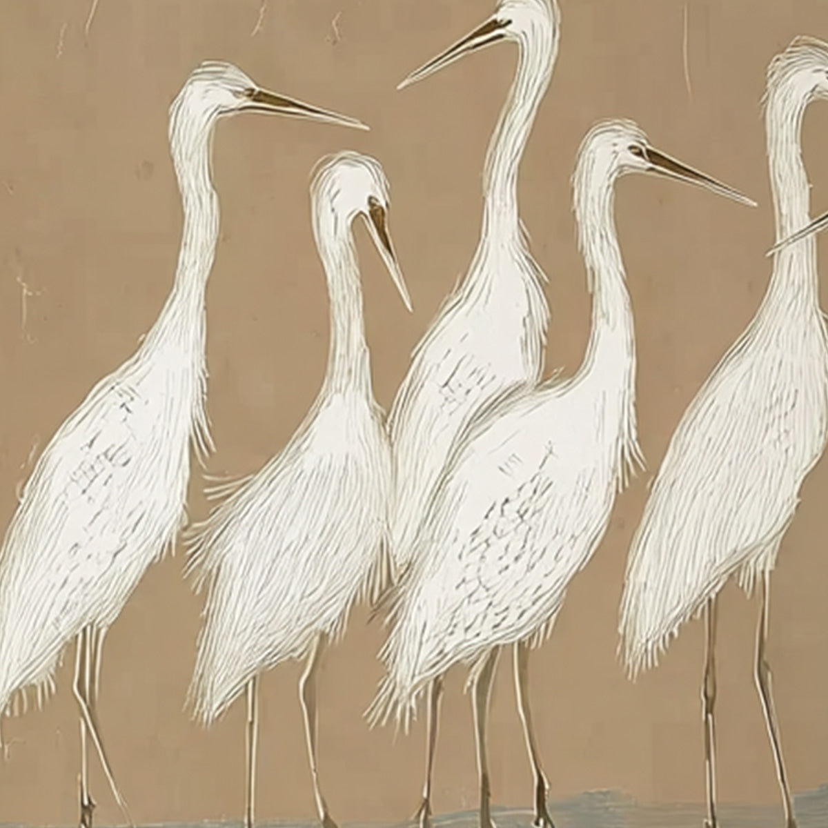 The Gathering: Beige Wabi Sabi Egret Flock Oil Painting on Canvas - Image 5