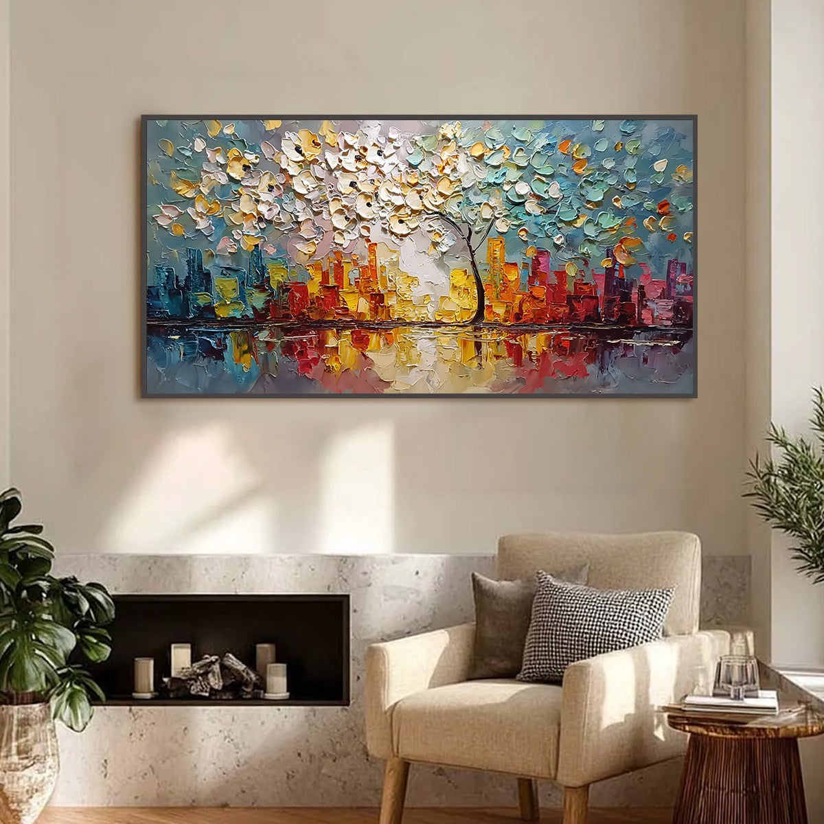 URBAN BLOSSOM: Textured Palette Knife Cityscape Reflection Painting - Image 2