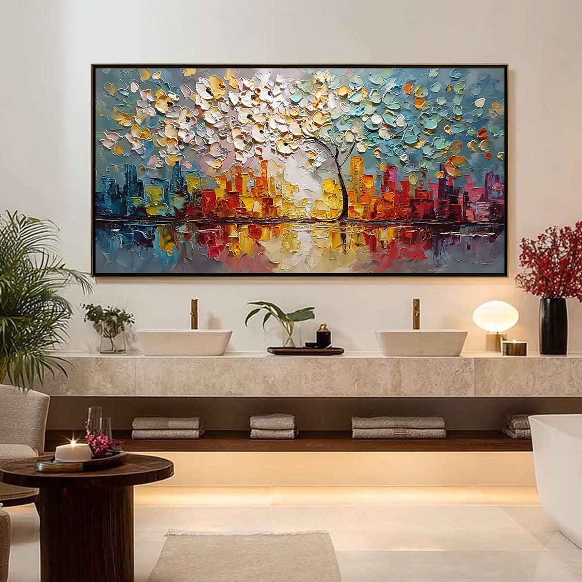 URBAN BLOSSOM: Textured Palette Knife Cityscape Reflection Painting - Image 4
