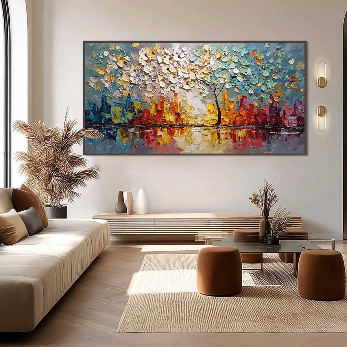 URBAN BLOSSOM: Textured Palette Knife Cityscape Reflection Painting - Image 6