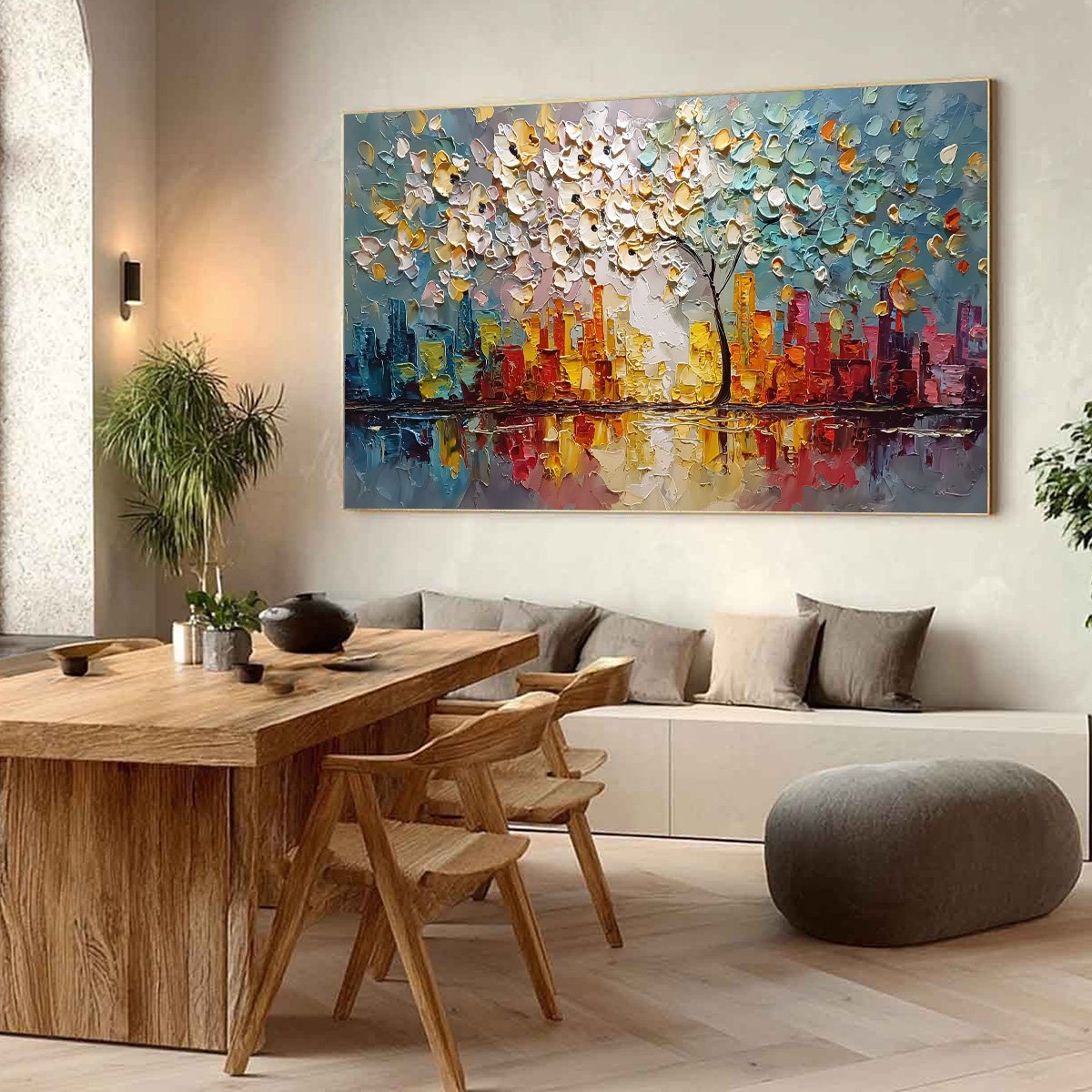 URBAN BLOSSOM: Textured Palette Knife Cityscape Reflection Painting - Image 7