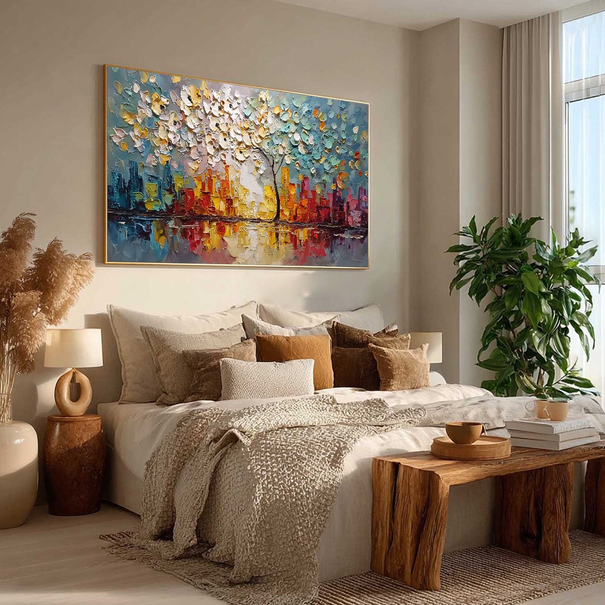 URBAN BLOSSOM: Textured Palette Knife Cityscape Reflection Painting - Image 8
