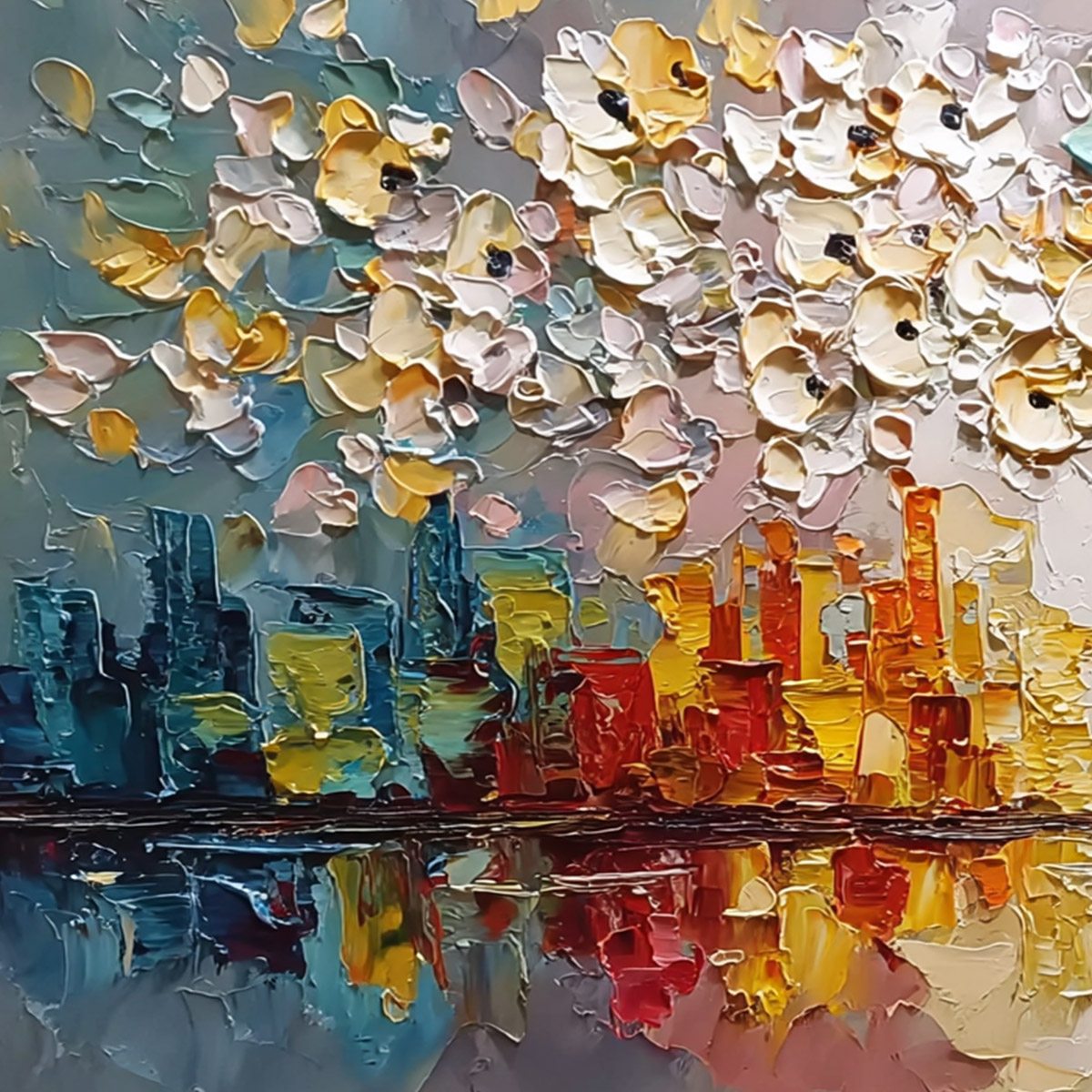 URBAN BLOSSOM: Textured Palette Knife Cityscape Reflection Painting - Image 3