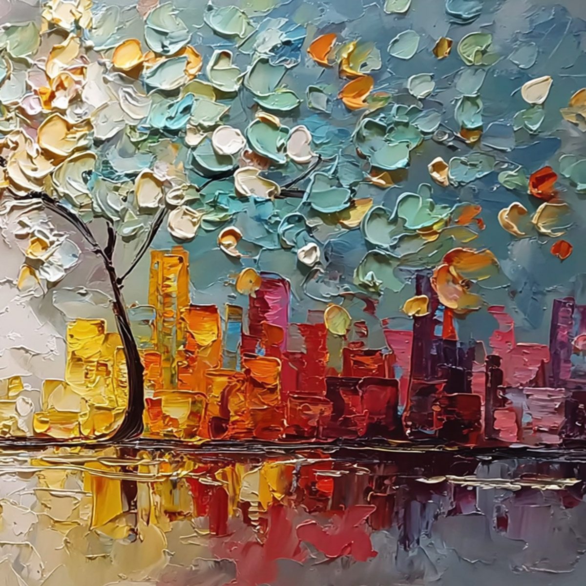 URBAN BLOSSOM: Textured Palette Knife Cityscape Reflection Painting - Image 5