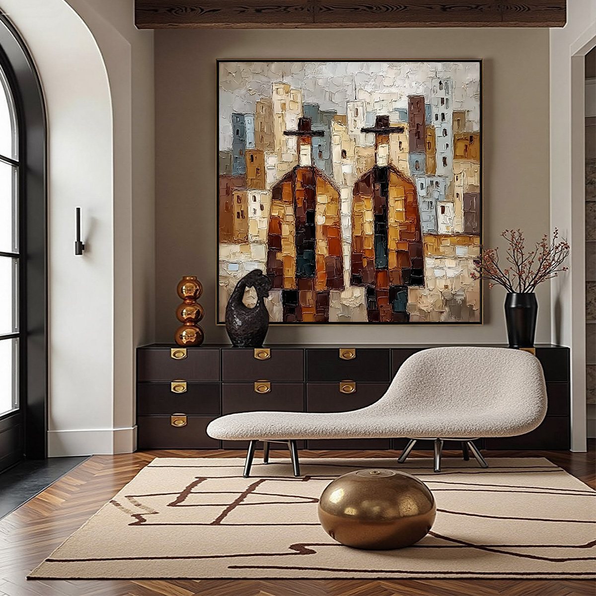 URBAN COMPANIONS: Textured Figurative Cityscape Palette Knife Painting - Image 4