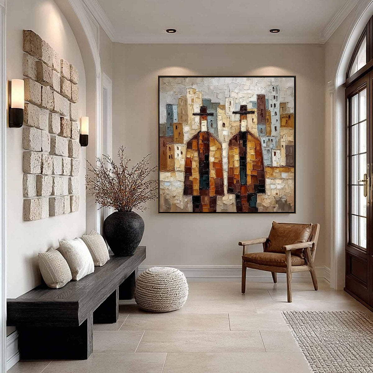 URBAN COMPANIONS: Textured Figurative Cityscape Palette Knife Painting - Image 6