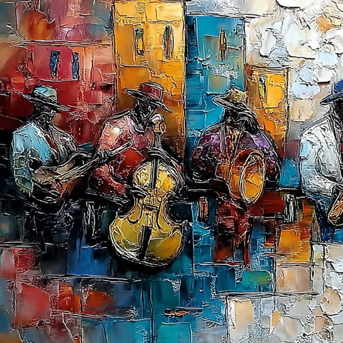 URBAN MELODY: Textured Impasto Painting of a Jazz Band Street Performance - Image 5