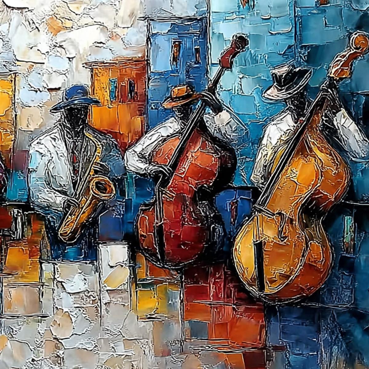 URBAN MELODY: Textured Impasto Painting of a Jazz Band Street Performance - Image 3