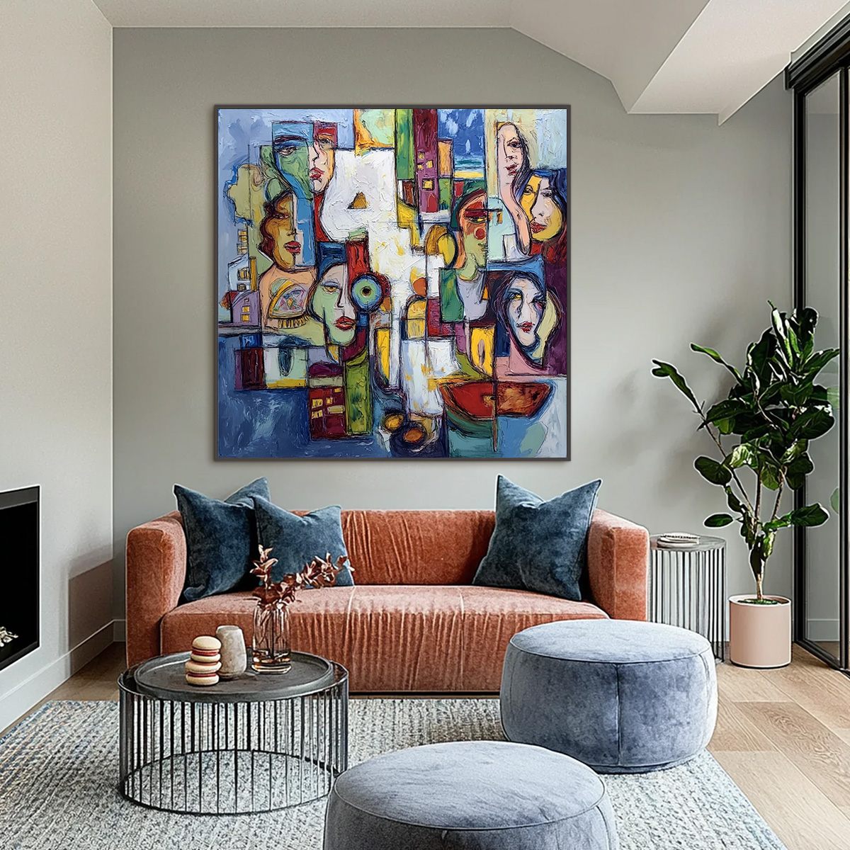 URBAN MOSAIC: Large Square Abstract Figurative Wall Art - Image 2