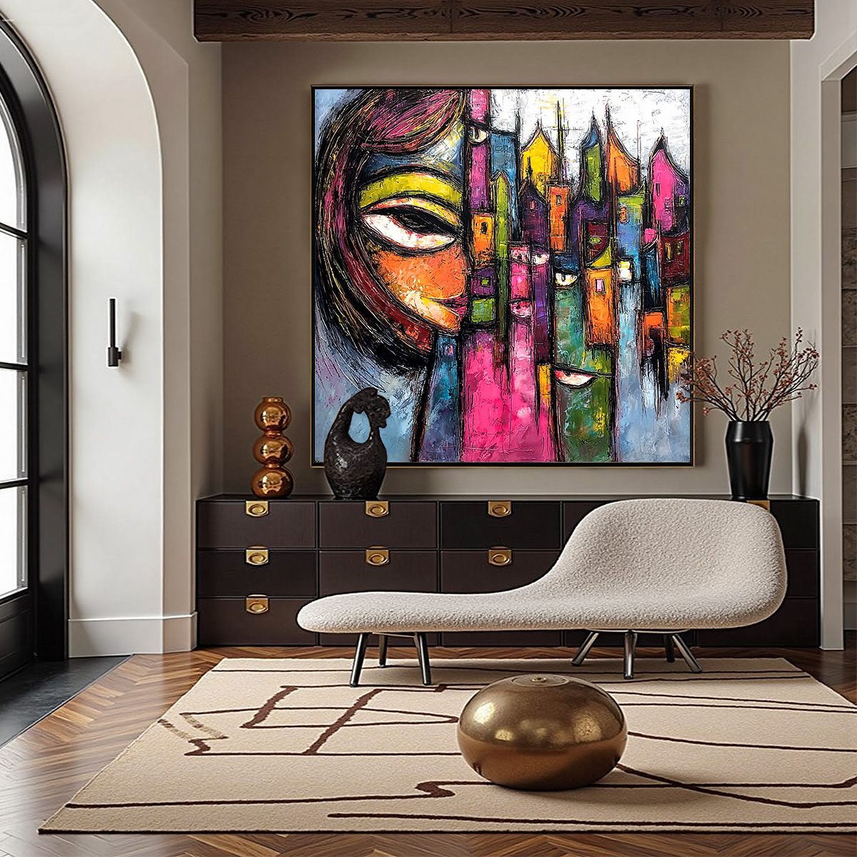 URBAN MUSE: Large Colorful Abstract Portrait and Cityscape Painting - Image 2