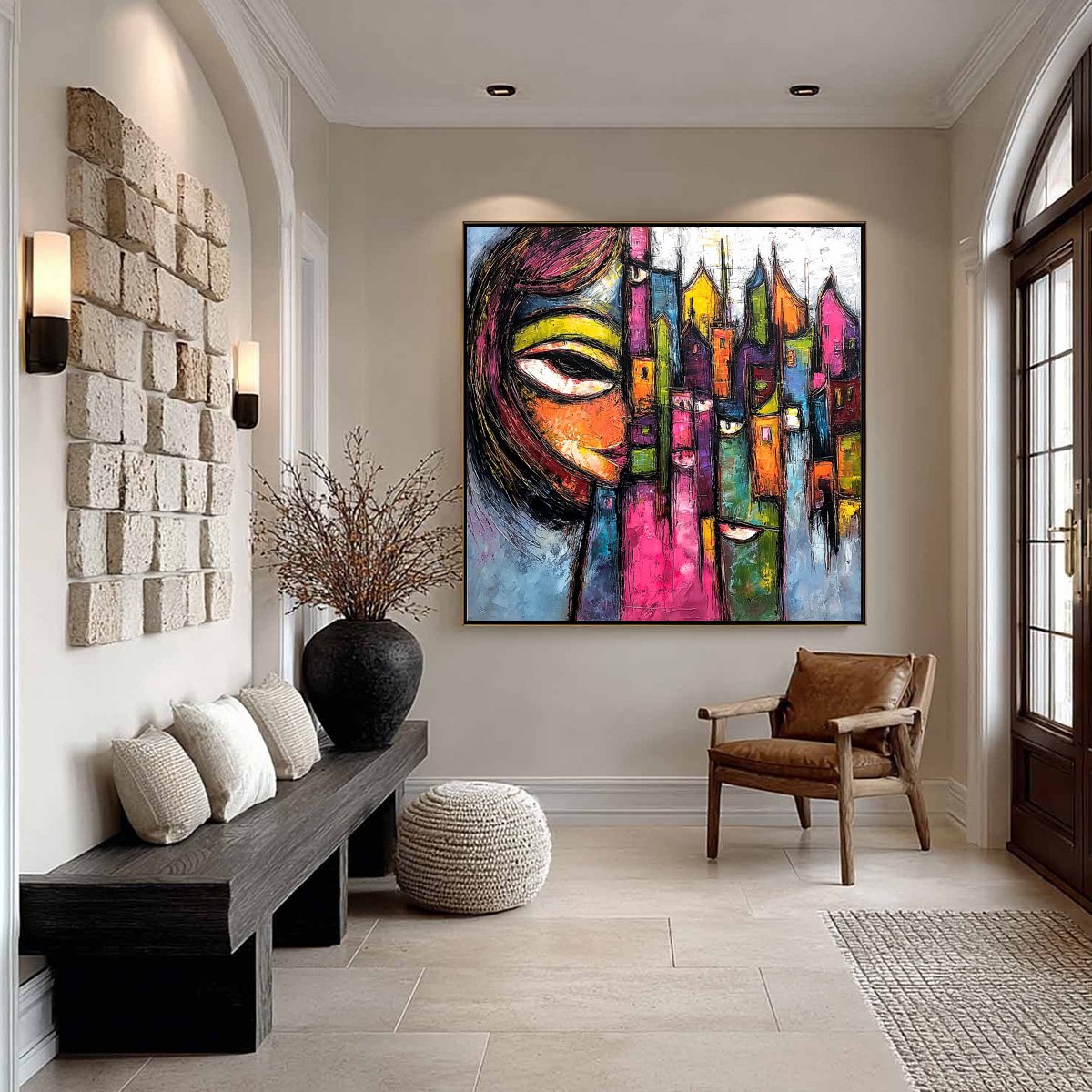 URBAN MUSE: Large Colorful Abstract Portrait and Cityscape Painting - Image 4