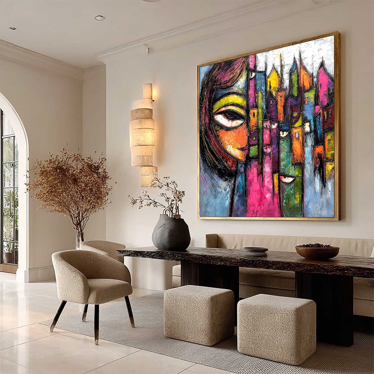 URBAN MUSE: Large Colorful Abstract Portrait and Cityscape Painting - Image 8