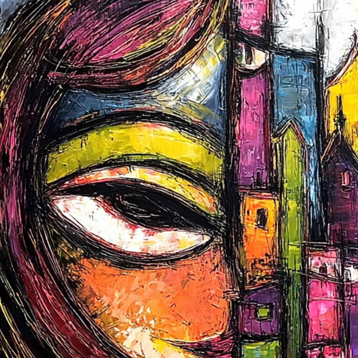 URBAN MUSE: Large Colorful Abstract Portrait and Cityscape Painting - Image 3