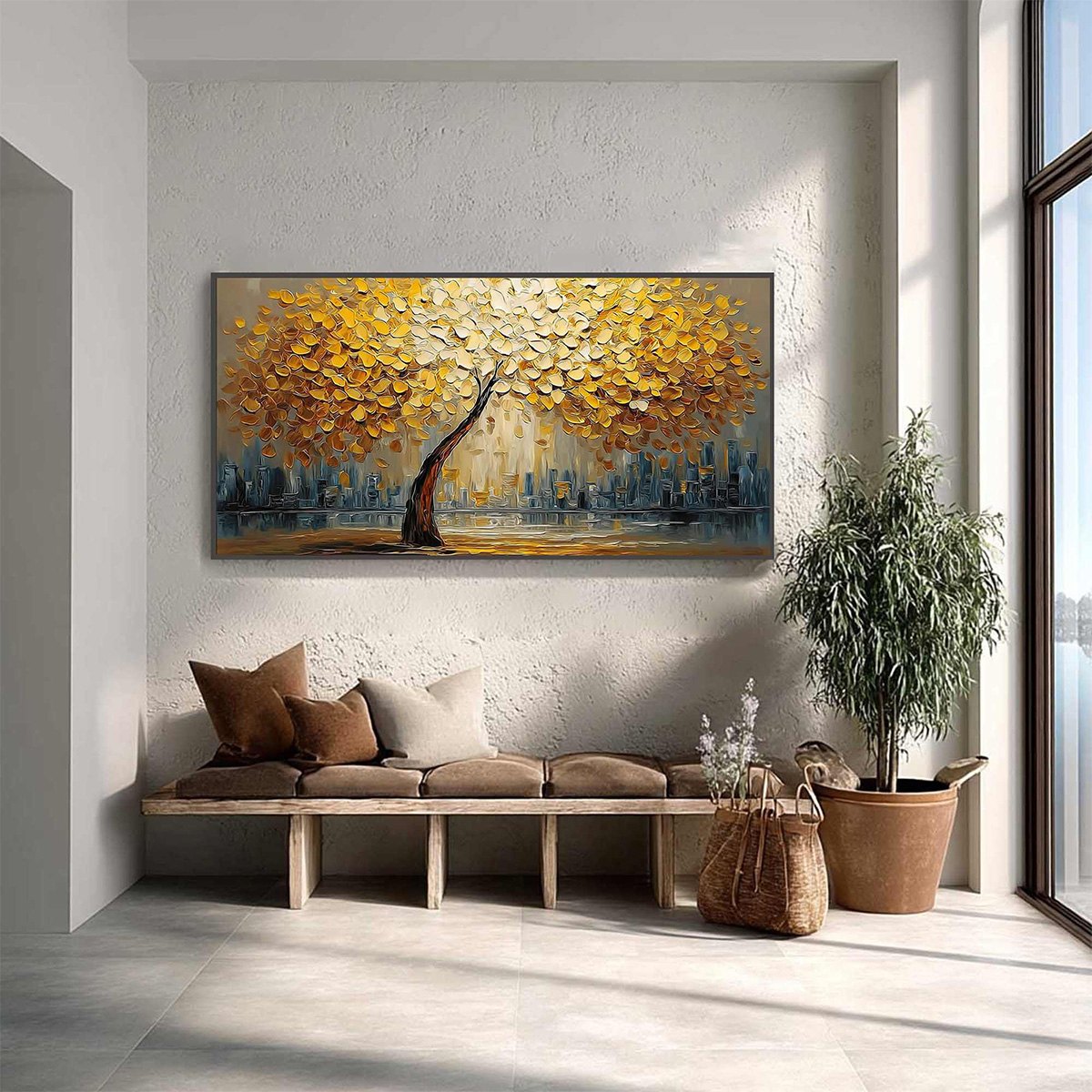 URBAN OASIS: Heavy Texture Palette Knife Cityscape Oil Painting - Image 4