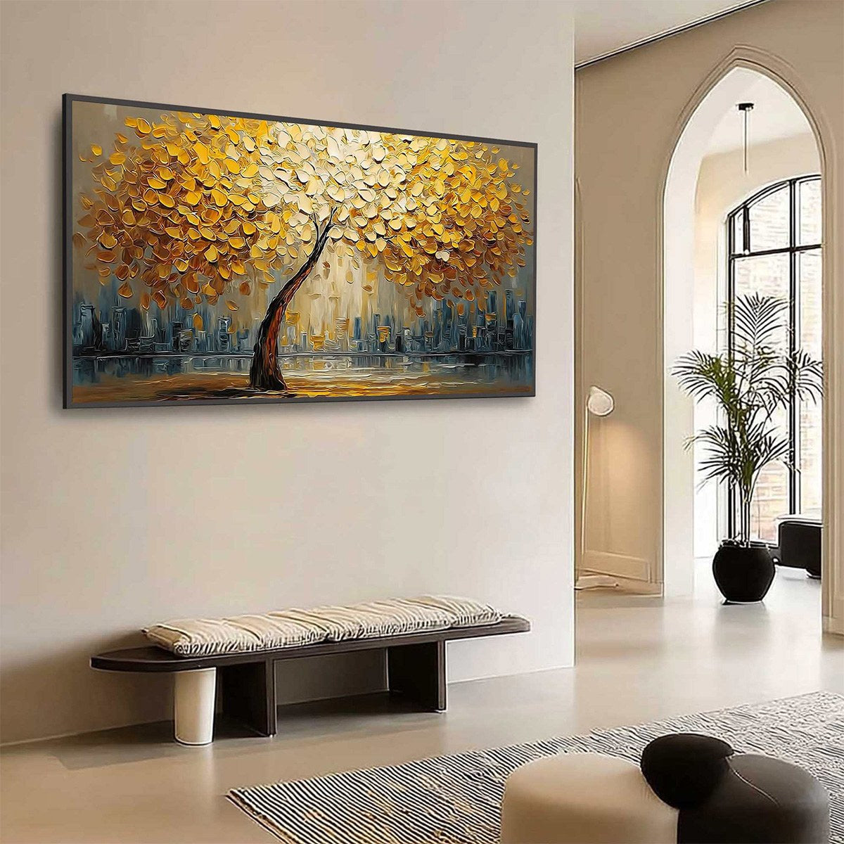 URBAN OASIS: Heavy Texture Palette Knife Cityscape Oil Painting - Image 7