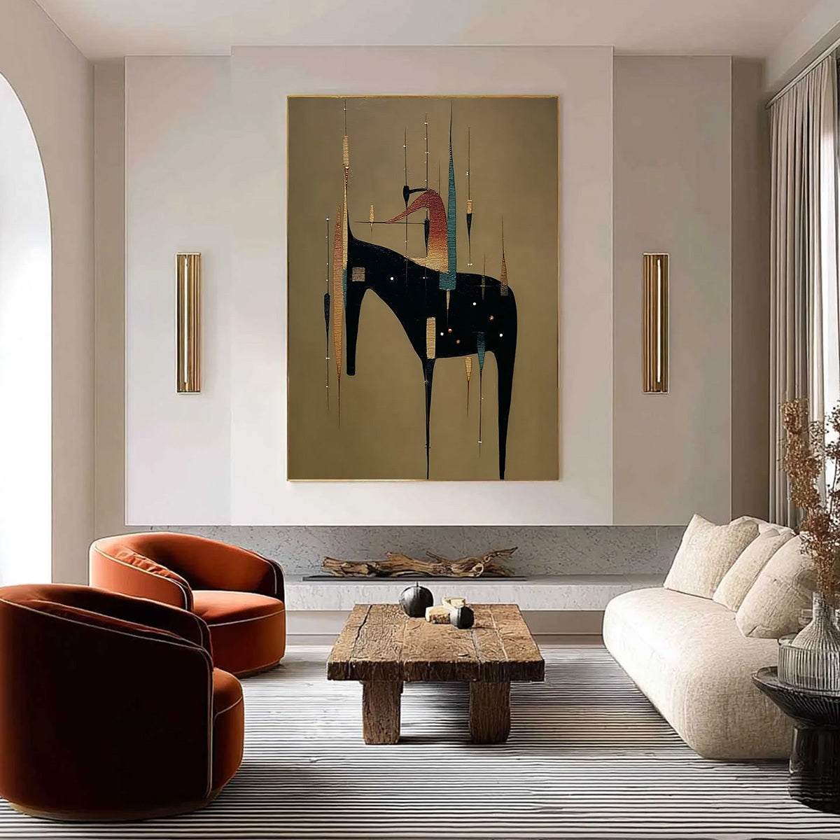 URBAN SENTINEL: Vertical Minimalist Abstract Painting with Textured Cityscape Elements - Image 4